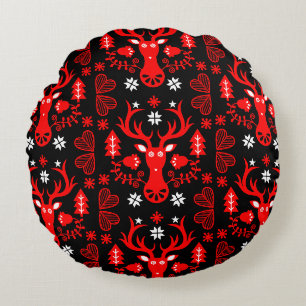 Scandinavian Red Christmas Deer Round Cushion