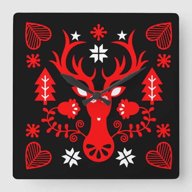 Scandinavian Red Christmas Deer Square Wall Clock (Front)