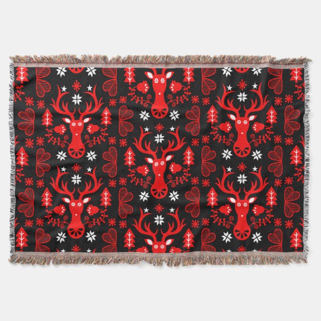 Scandinavian Red Christmas Deer Throw Blanket (Front)