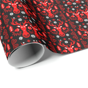 Scandinavian Red Christmas Deer Wrapping Paper