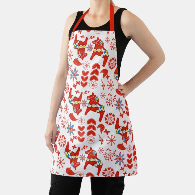 Scandinavian Red Floral Dala Horse Pattern White Apron (Insitu)