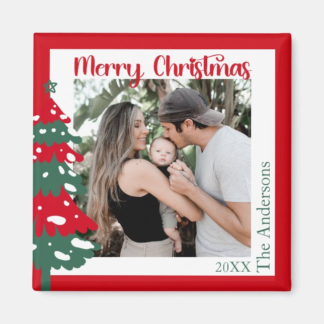 Scandinavian Red& Green One Photo Merry Christmas  Magnet (Front)