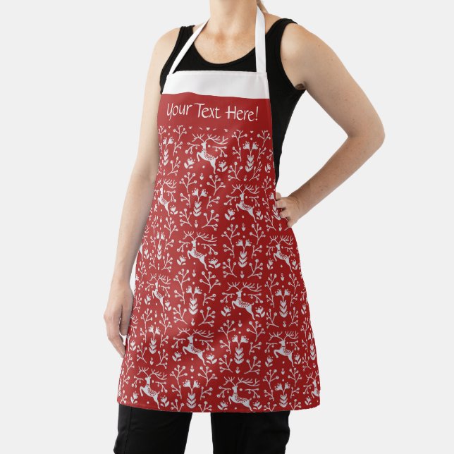 Scandinavian Red White Reindeer Floral Christmas Apron (Insitu)