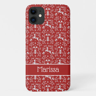 Scandinavian Red White Reindeer Floral Christmas iPhone 11 Case