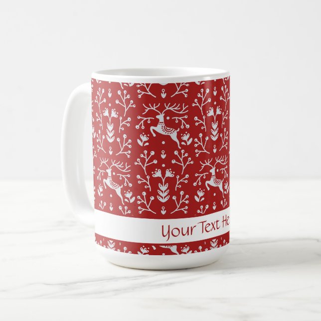 Scandinavian Red White Reindeer Floral Christmas Coffee Mug (Front Left)