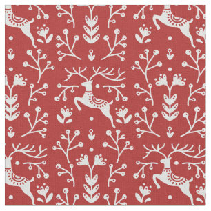 Scandinavian Red White Reindeer Floral Christmas Fabric