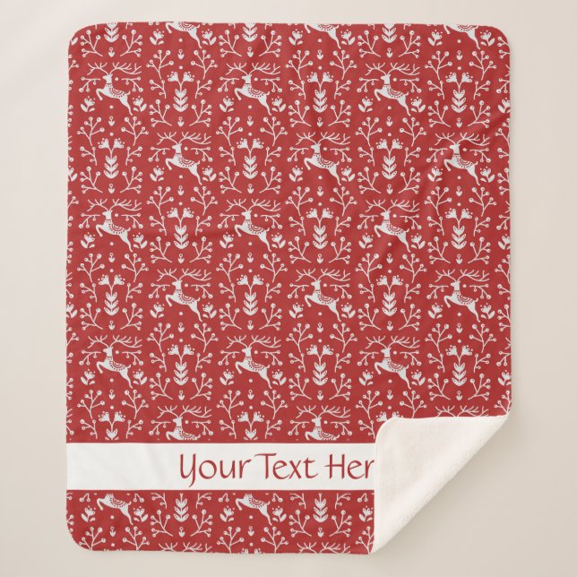 Scandinavian Red White Reindeer Floral Christmas Sherpa Blanket (Front)