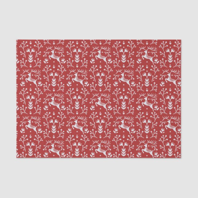 Scandinavian Red White Reindeer Floral Christmas Tissue Paper (Front)