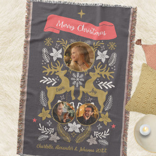 Scandinavian Reindeer 3 Photo Family Keepsake Throw Blanket