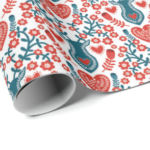 Scandinavian Reindeer and Heart Christmas Pattern Wrapping Paper