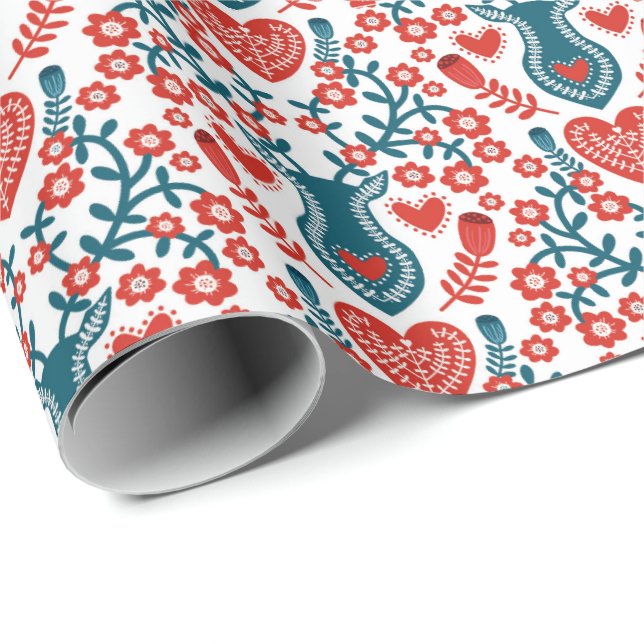 Scandinavian Reindeer and Heart Christmas Pattern Wrapping Paper (Roll Corner)