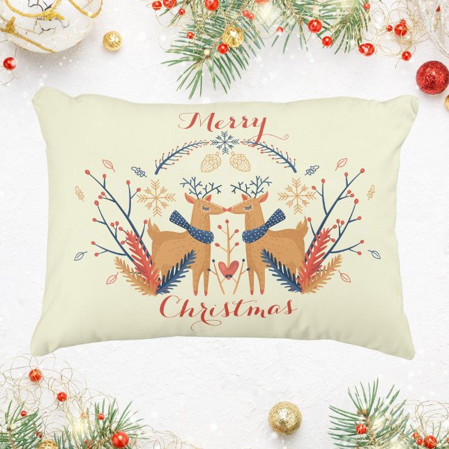Scandinavian Reindeer Nordic Merry Christmas Art Decorative Cushion (Scandinavian Folk Woodland Deer Cream Accent Pillow)