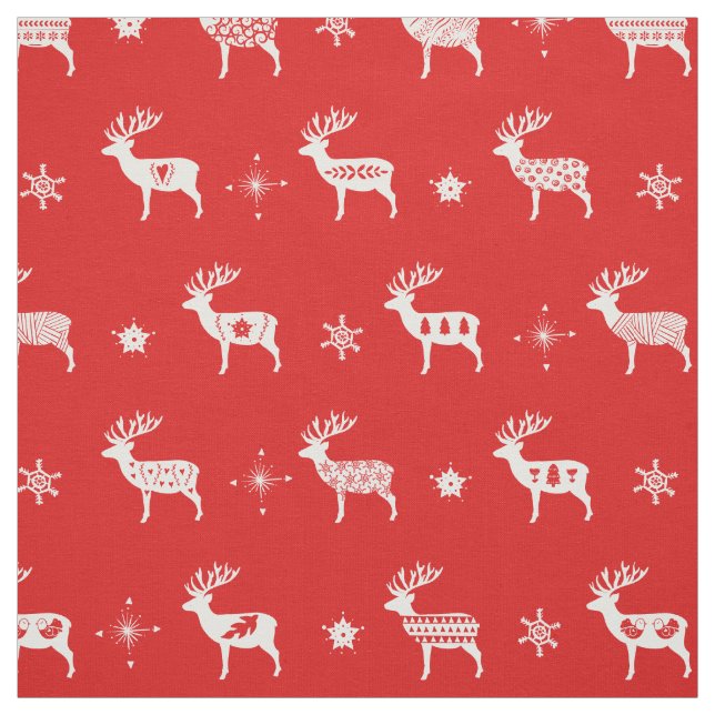 Scandinavian Reindeer Red & White Holiday Folk Art Fabric (Swatch)