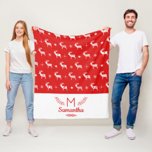 Scandinavian Reindeer Red & White Holiday Monogram Fleece Blanket