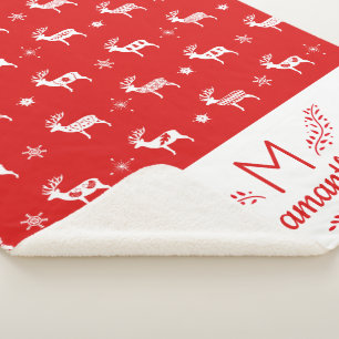 Scandinavian Reindeer Red & White Holiday Monogram Sherpa Blanket
