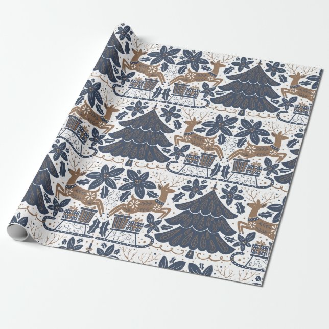Scandinavian Reindeer Tree Floral Navy Gold  Wrapping Paper (Unrolled)