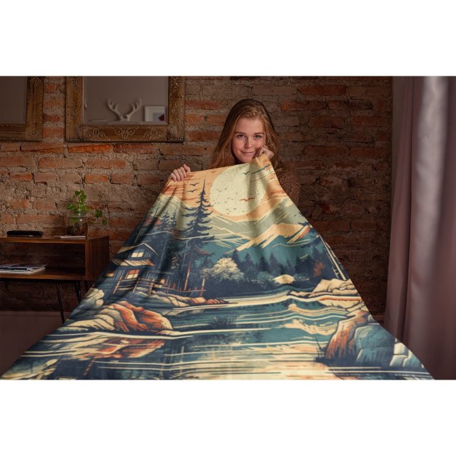 Scandinavian Retro Art mountain home Fleece Blanket (Creator Uploaded)