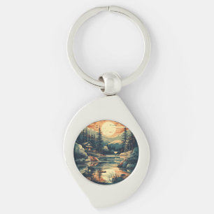 Scandinavian Retro Art mountain home Key Ring