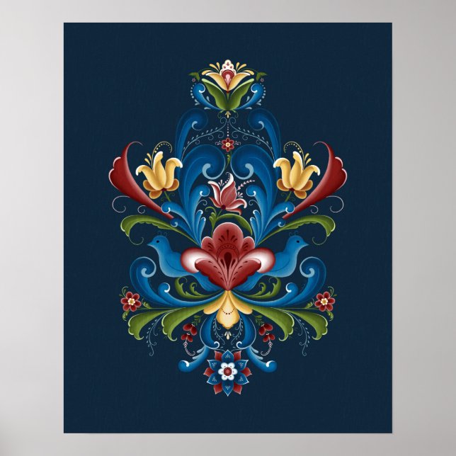 Scandinavian Rosemaling Folk Blue Red Poster (Front)