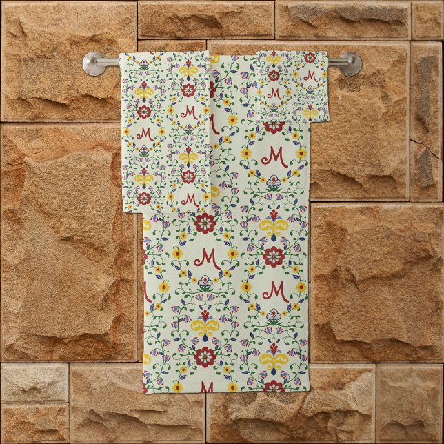 Scandinavian Rosemaling Monogram Pattern Nordic Bath Towel Set (Creator Uploaded)