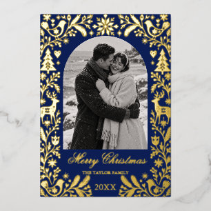 Scandinavian Royal Blue Gold Christmas Photo Card