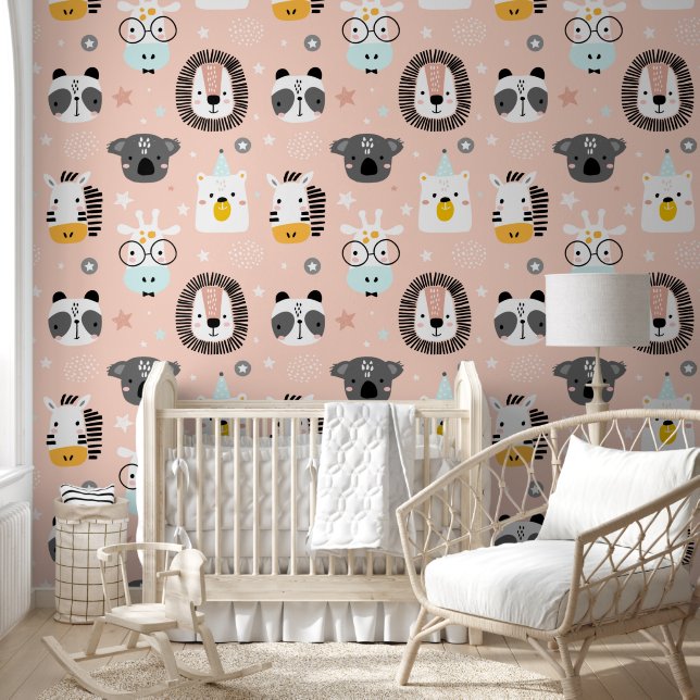 Scandinavian Safari Animal Faces Peach Nursery Wallpaper (Kids)