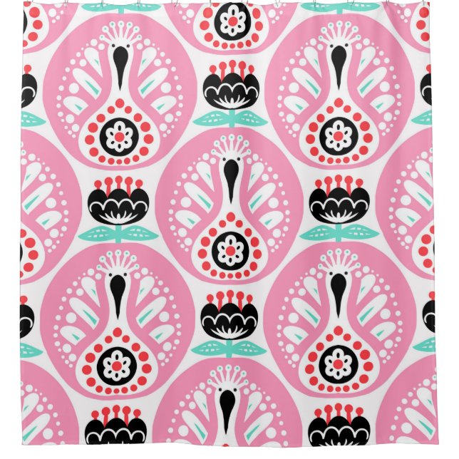 Scandinavian seamless folk art pattern with cute b shower curtain (Front)