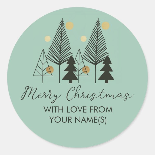 Scandinavian Sketched Winter Pine Trees Green Gold Classic Round Sticker (Front)