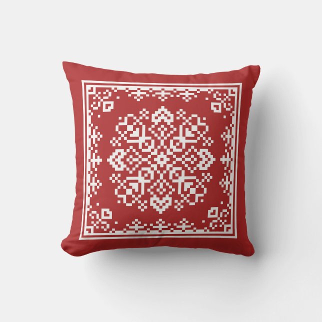 Scandinavian Snowflake Red and White Christmas Cushion (Front)