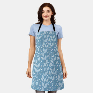 Scandinavian Soft Blue Leaf White Floral Pattern Apron
