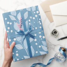 Scandinavian Soft Blue Leaf White Floral Pattern