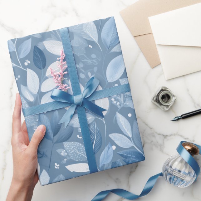 Scandinavian Soft Blue Leaf White Floral Pattern Wrapping Paper (Gifting)