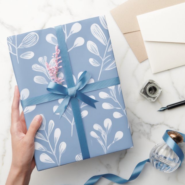 Scandinavian Soft Blue Leaf White Floral Pattern Wrapping Paper (Gifting)