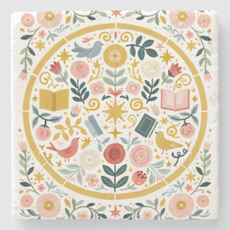 Scandinavian Storybook Birds and Flowers Stone Coaster