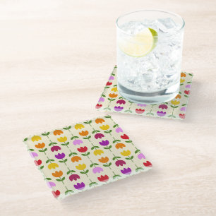 Scandinavian Style Colorful on Crm Flower Pattern Glass Coaster