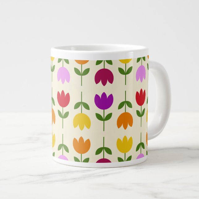 Scandinavian Style Colourful on Crm Flower Pattern Large Coffee Mug (Front Right)