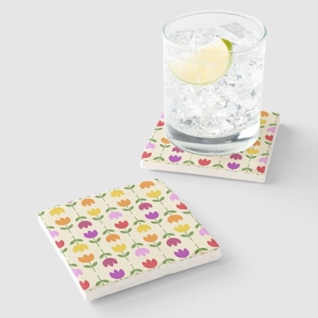 Scandinavian Style Colourful on Crm Flower Pattern Stone Coaster (Side)