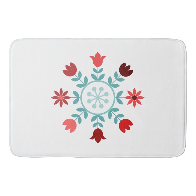 Scandinavian Style Flowers Teals & Reds Wheel Bath Mat (Front)
