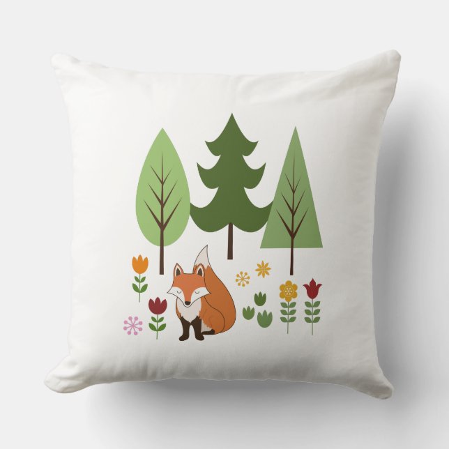 Scandinavian Style Fox Flowers Trees and Text Cushion (Front)