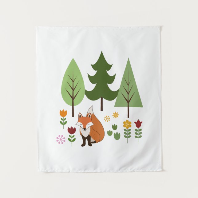 Scandinavian Style Fox Flowers Trees and Text Tapestry (Front)