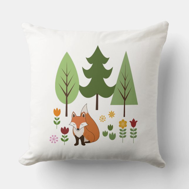 Scandinavian Style Fox Flowers Trees Illustration Cushion (Front)
