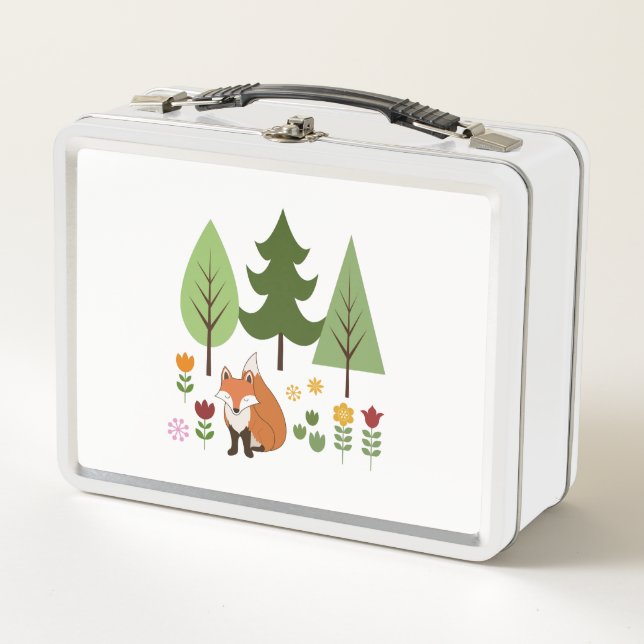 Scandinavian Style Fox Flowers Trees Illustration Metal Lunch Box (Front)