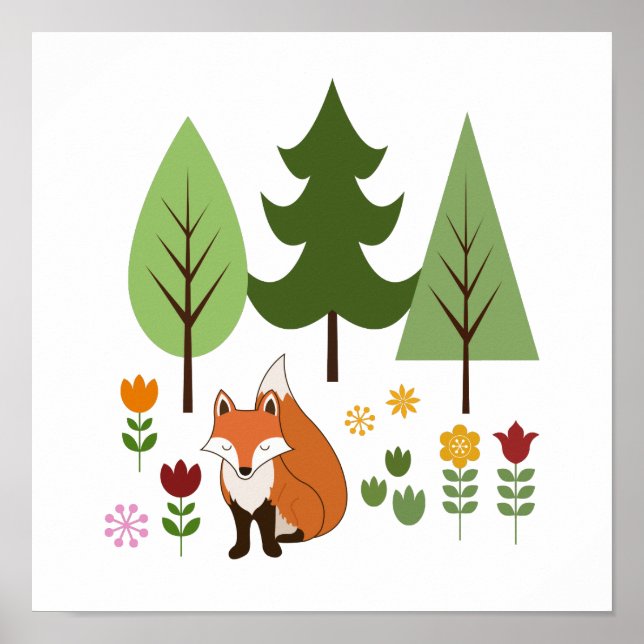 Scandinavian Style Fox Flowers Trees Illustration Poster (Front)