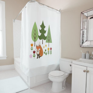 Scandinavian Style Fox Flowers Trees Illustration Shower Curtain