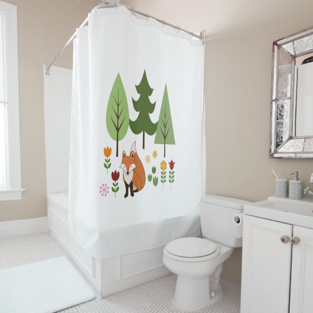 Scandinavian Style Fox Flowers Trees Illustration Shower Curtain (In Situ)