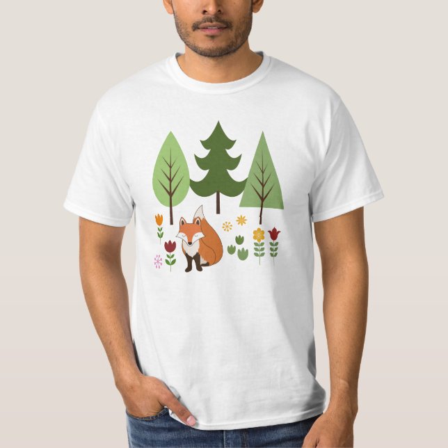 Scandinavian Style Fox Flowers Trees Illustration T-Shirt (Front)