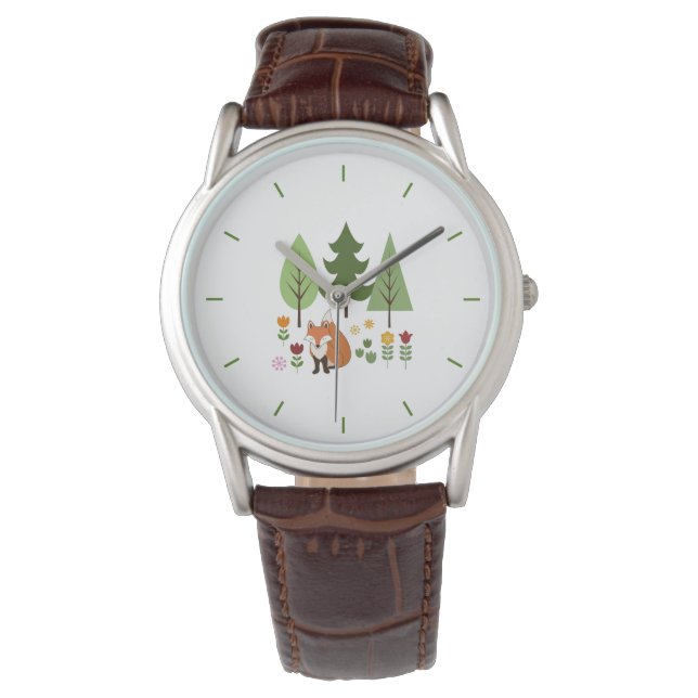 Scandinavian Style Fox Flowers Trees Illustration Watch (Front)