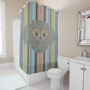 Scandinavian Style Graphic Owl Floral and Stripe Shower Curtain