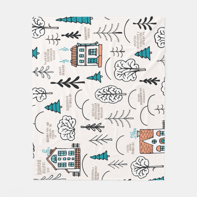 Scandinavian Style Houses Forest Pattern Fleece Blanket (Front)