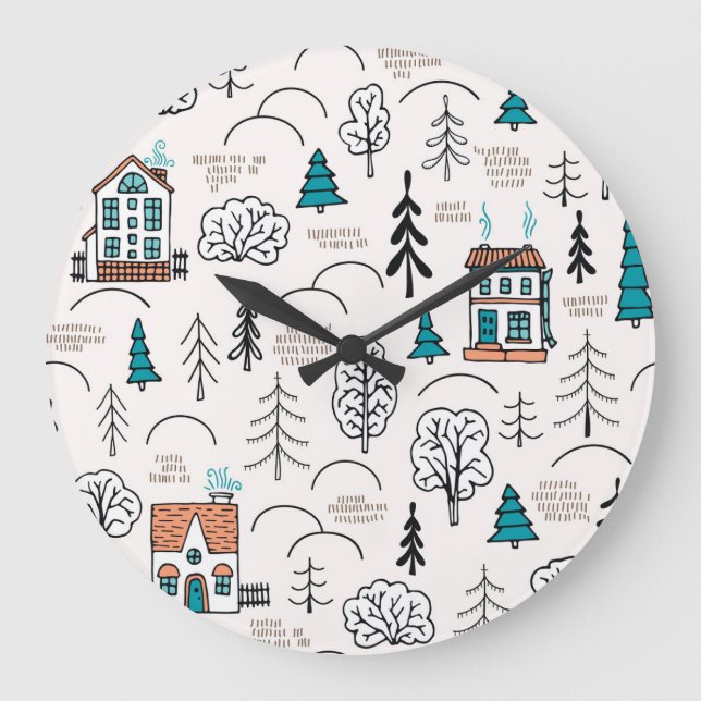 Scandinavian Style Houses Forest Pattern Large Clock (Front)